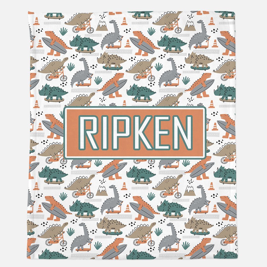 DINOSAURS ON THE MOVE MODERN PERSONALIZED NAME BLANKET