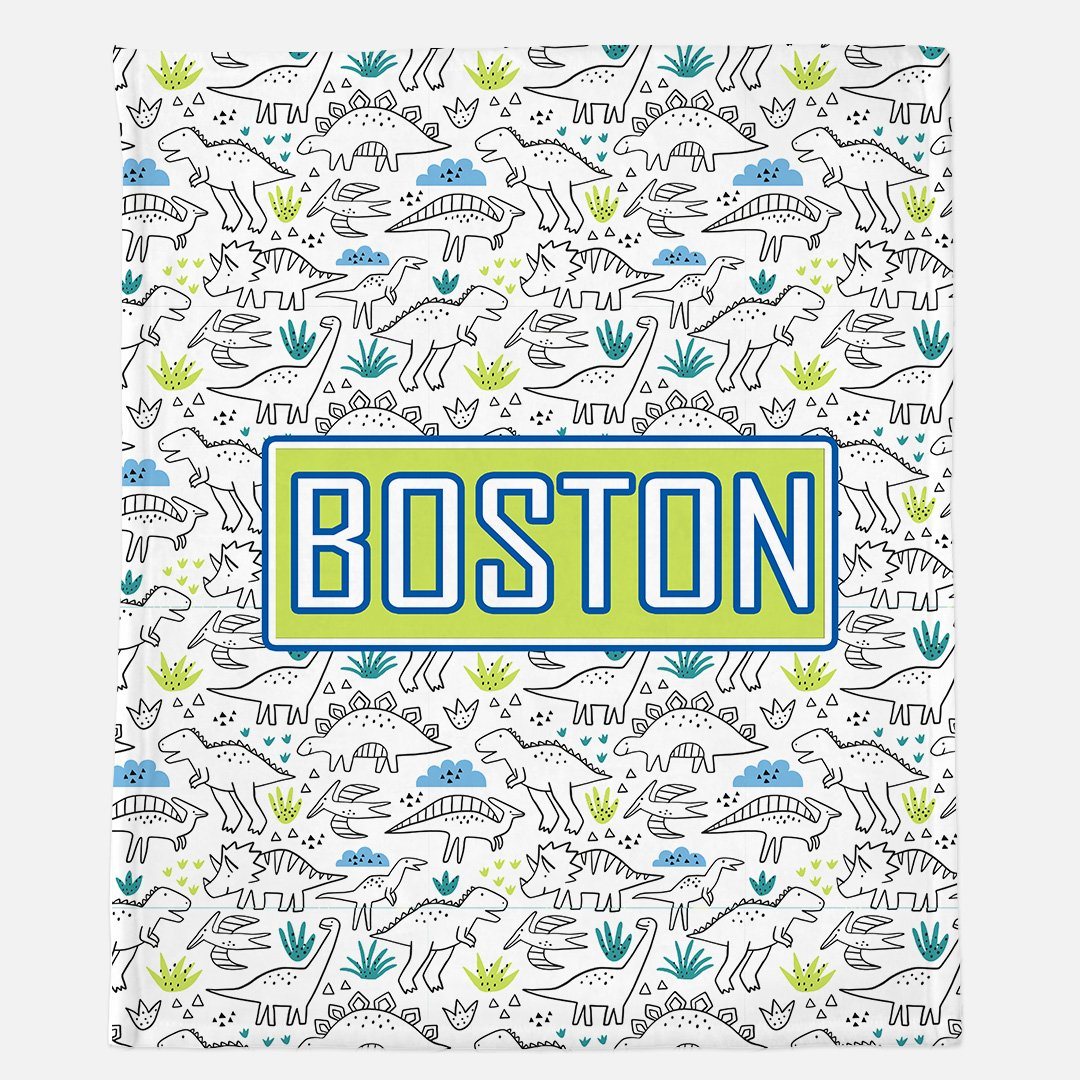 DINOSAUR PLAYTIME - WHITE MODERN PERSONALIZED NAME BLANKET
